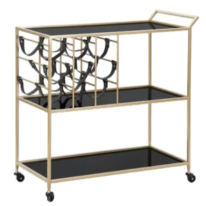 Carrello portavivande con portabottiglie metallo dorato e vetro nero cm 79x39x82h
