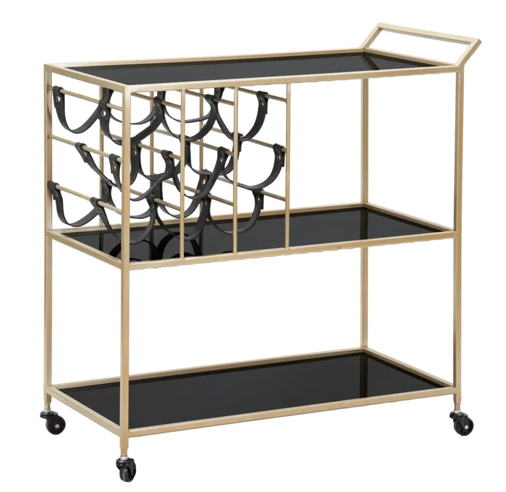 Carrello portavivande con portabottiglie metallo dorato e vetro nero cm 79x39x82h