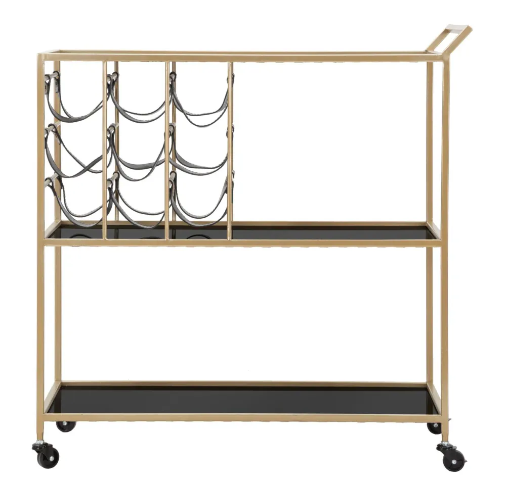 Carrello portavivande con portabottiglie metallo dorato e vetro nero cm 79x39x82h