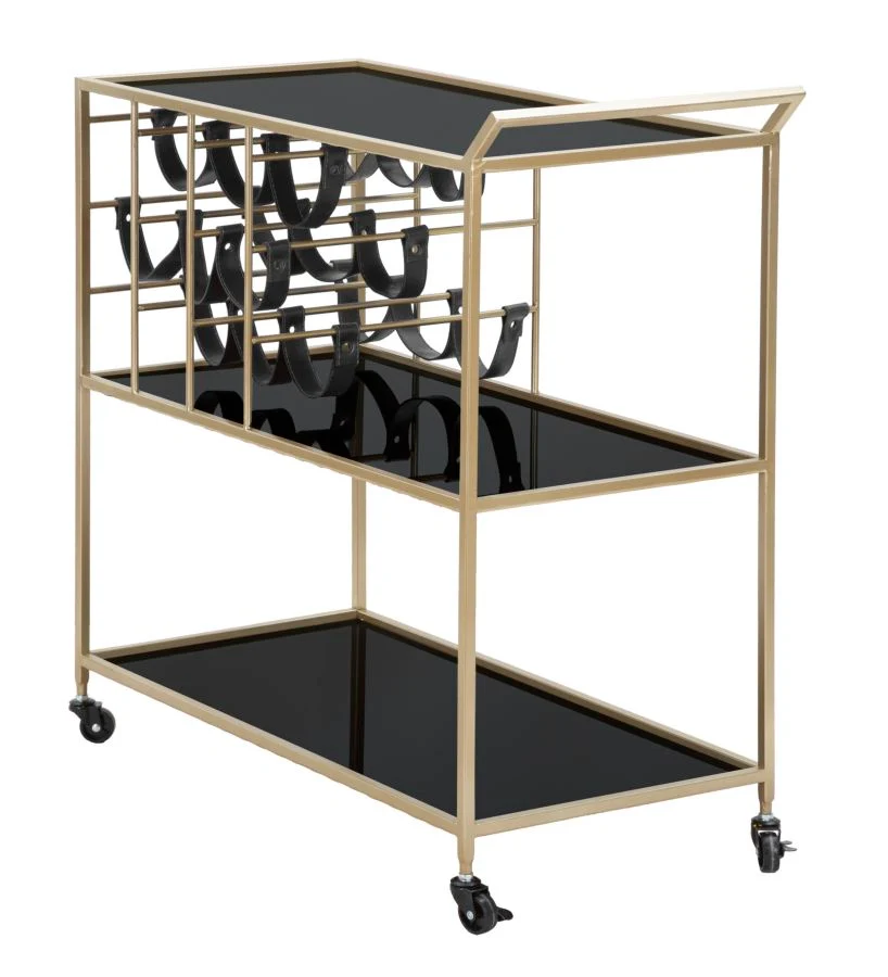 Carrello portavivande con portabottiglie metallo dorato e vetro nero cm 79x39x82h