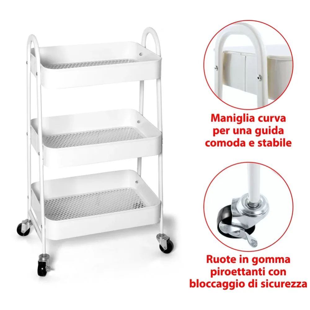 CARRELLO 3 RIPIANI C/RUOTE 42X29 H 78.5 CM Bianco