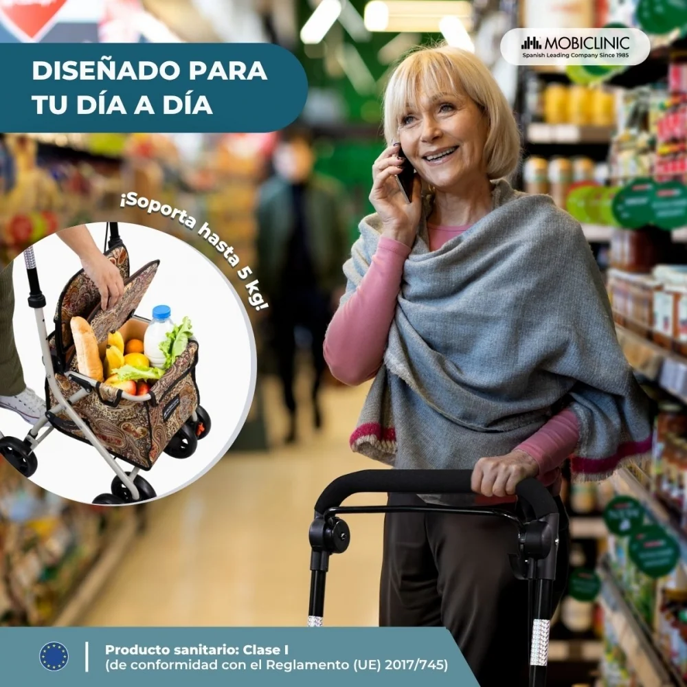 Carrello spesa deambulatore per anziani| 4 ruote | Pieghevole | Con borsa | Con freni| Con stampa | Coliseo | Mobiclinic