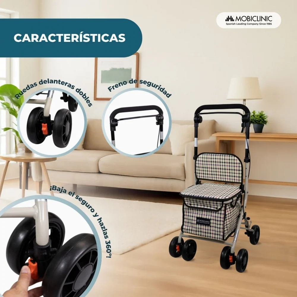Carrello spesa deambulatore per anziani| 4 ruote | Pieghevole | Con borsa | Con freni| Con quadri| Coliseo | Mobiclinic