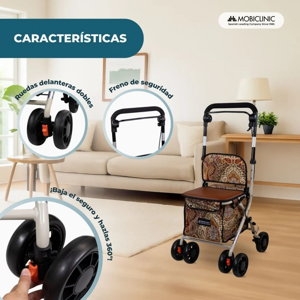 Carrello spesa deambulatore per anziani| 4 ruote | Pieghevole | Con borsa | Con freni| Con stampa | Coliseo | Mobiclinic