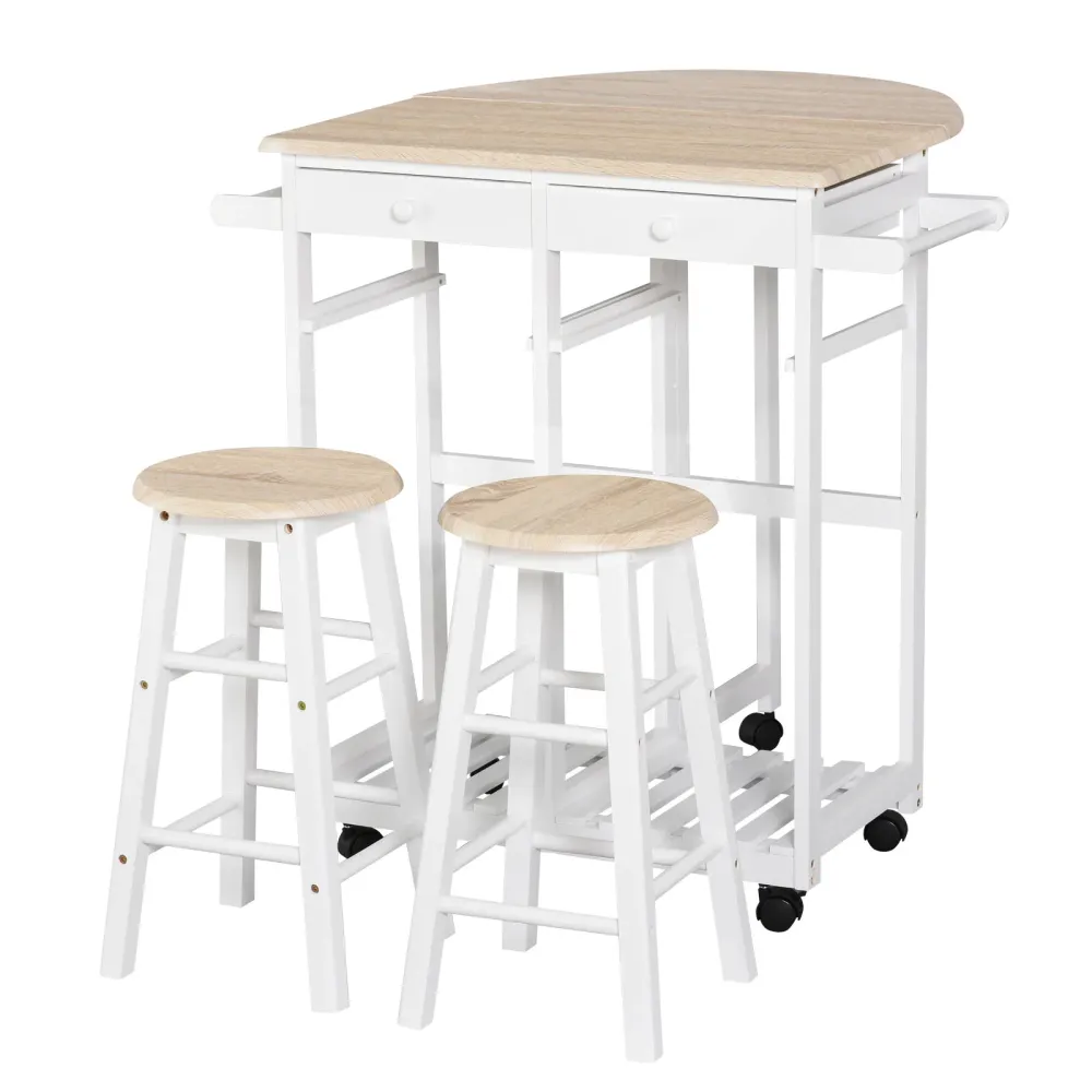 EASYCOMFORT Carrello da Cucina Pieghevole, Mobile da Cucina Salvaspazio con 2 Sgabelli 2 Cassetti 5 Ruote (Rotazione 360°)...