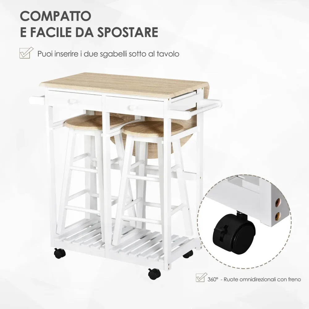 EASYCOMFORT Carrello da Cucina Pieghevole, Mobile da Cucina Salvaspazio con 2 Sgabelli 2 Cassetti 5 Ruote (Rotazione 360°)...