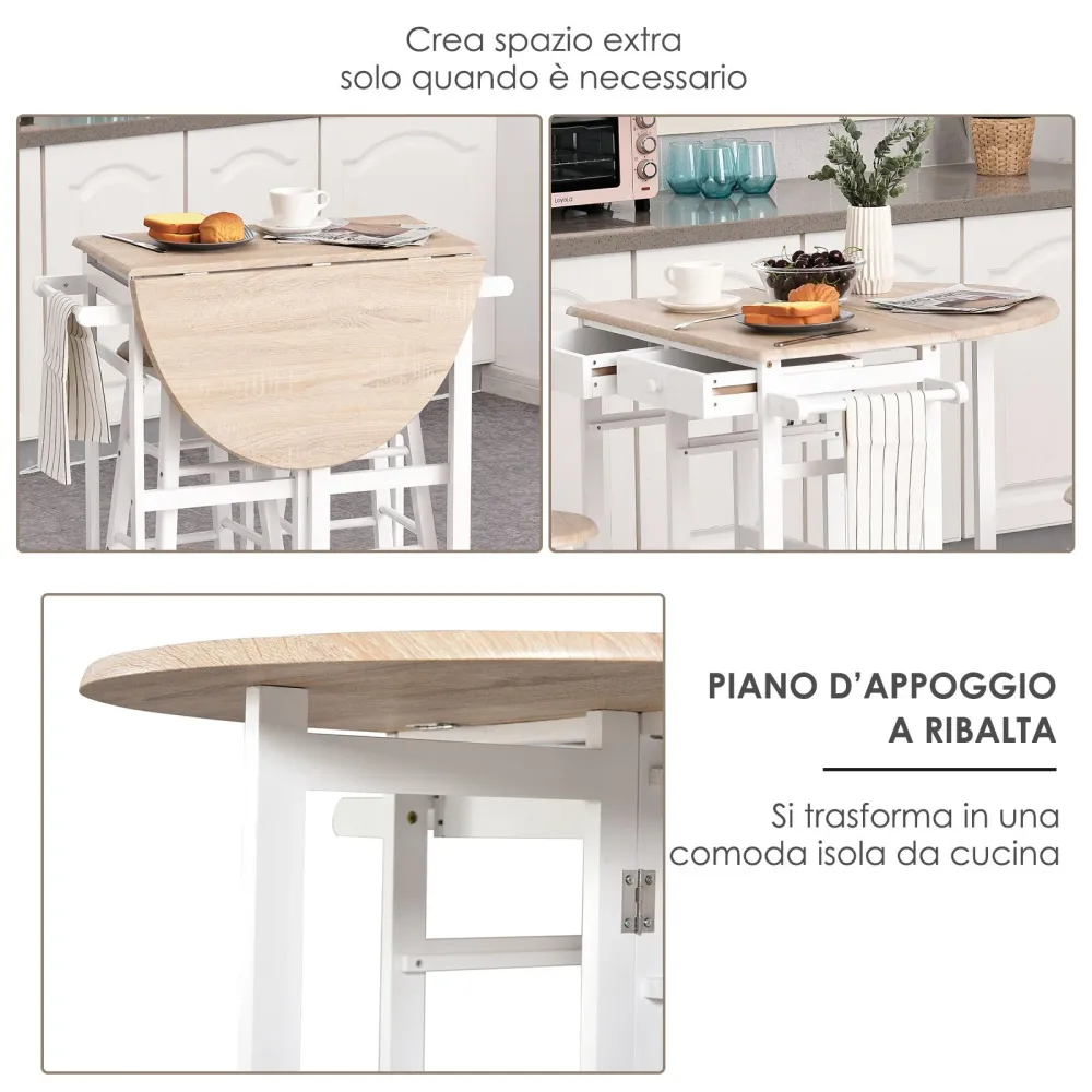EASYCOMFORT Carrello da Cucina Pieghevole, Mobile da Cucina Salvaspazio con 2 Sgabelli 2 Cassetti 5 Ruote (Rotazione 360°)...