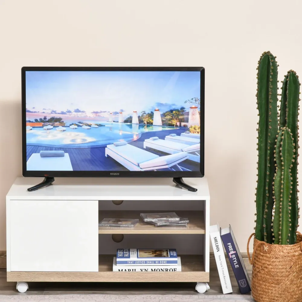 EASYCOMFORT Carrello Porta TV con 1 Anta e Vani Aperti, Mobile per TV fino 42'' con Ruote, 80x45x39.5cm