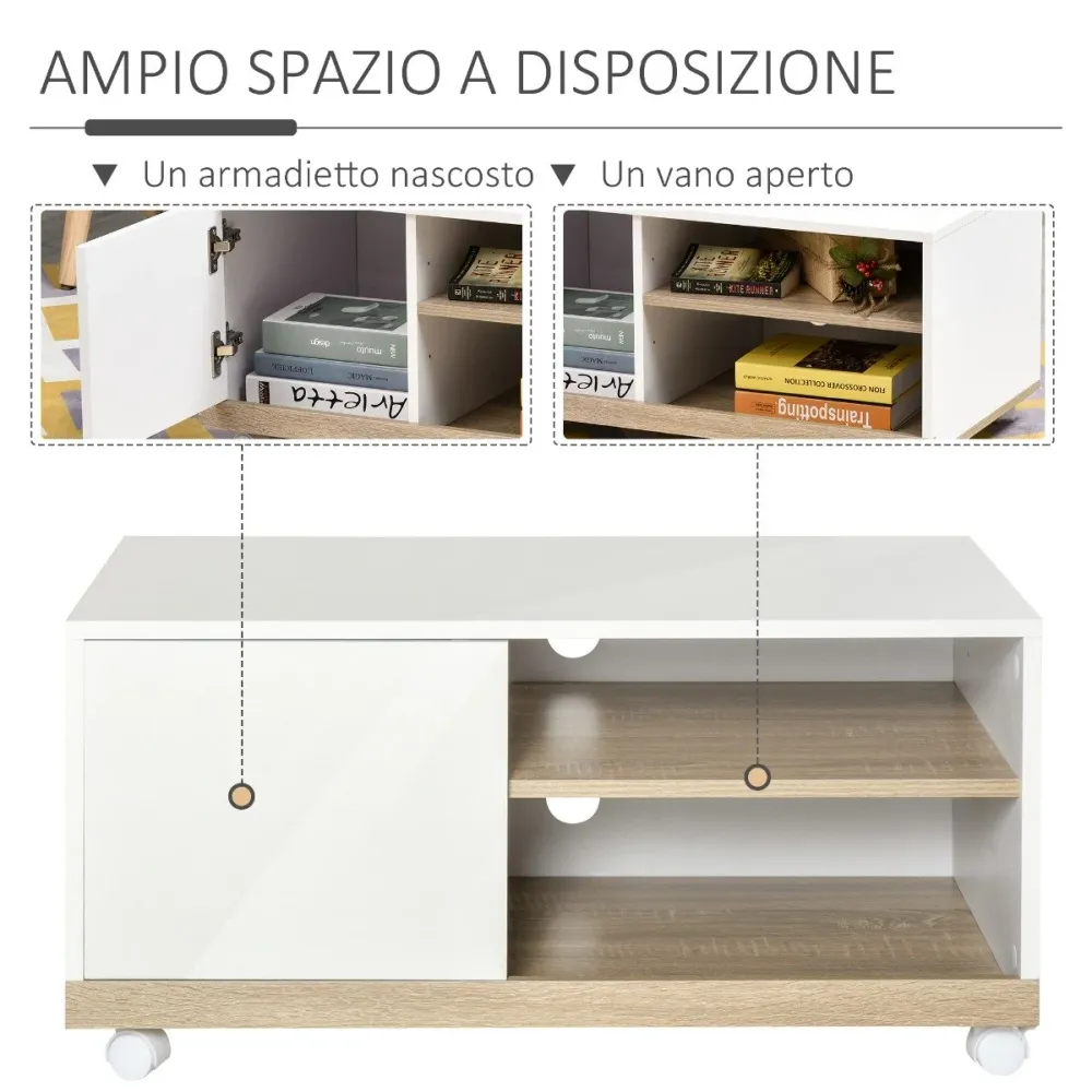 EASYCOMFORT Carrello Porta TV con 1 Anta e Vani Aperti, Mobile per TV fino 42'' con Ruote, 80x45x39.5cm