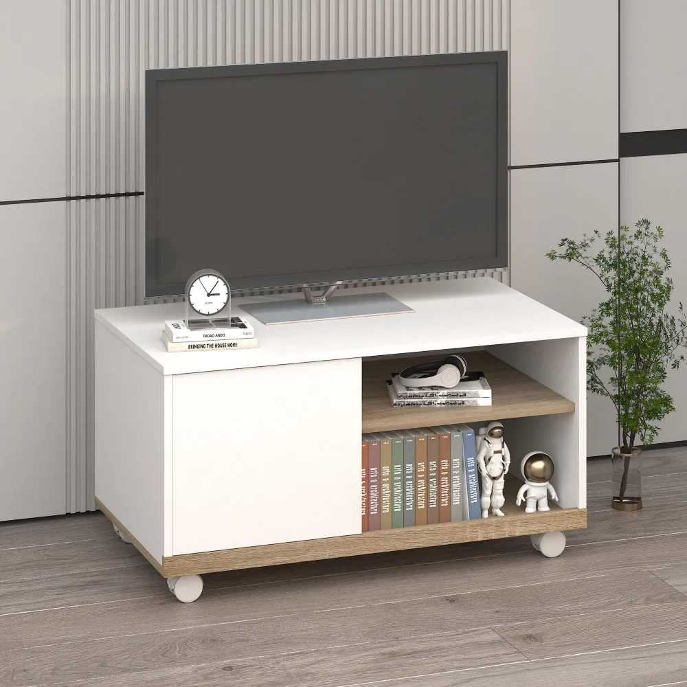 EASYCOMFORT Carrello Porta TV con 1 Anta e Vani Aperti, Mobile per TV fino 42'' con Ruote, 80x45x39.5cm