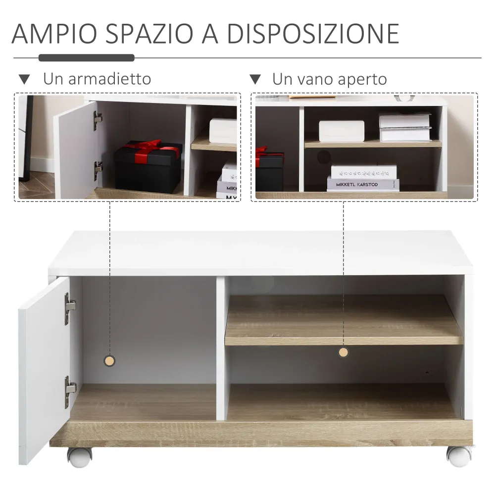 EASYCOMFORT Carrello Porta TV con 1 Anta e Vani Aperti, Mobile per TV fino 42'' con Ruote, 80x45x39.5cm