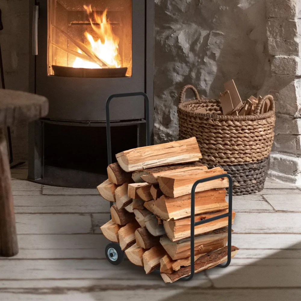 Easycomfort Carrello Portalegna Acciaio Nero con 2 Ruote per Interno ed Esterno, Max. 30kg, 56x40x90.5cm