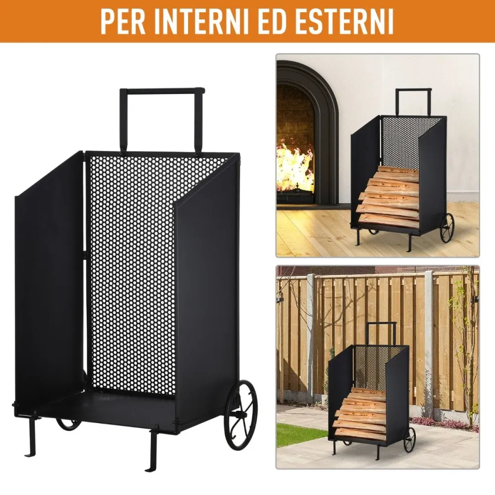 EASYCOMFORT Carrello Portalegna Ferro Nero con 2 Ruote per Interni o Esterni