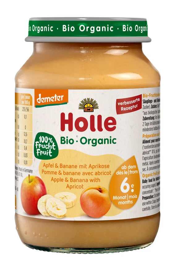 MELE-BANANE-ALBICOCCHE SENZA ZUCCHERO DA 6 MESI DEMETER BIO 190 g (Vasetto) - HOLLE