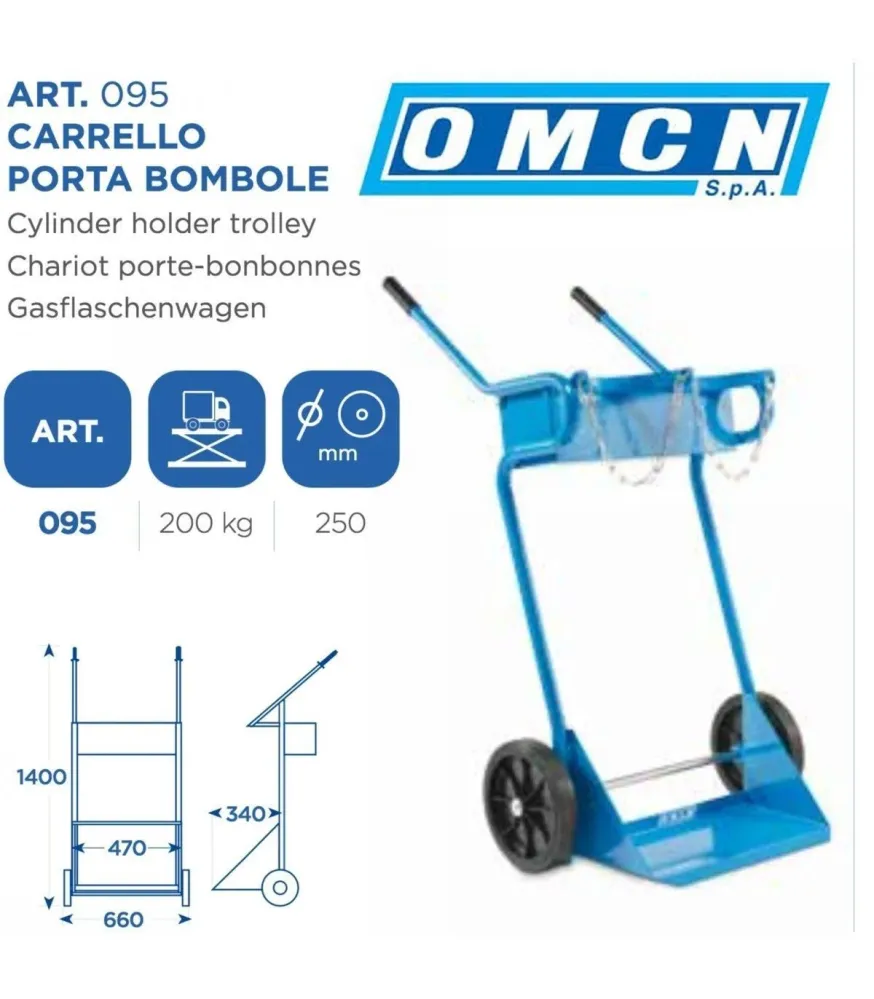 OMCN 095 CARRELLO PORTA BOMBOLE PORTATA 200 KG CON RUOTE DA 250 MM ALTEZZA 140C