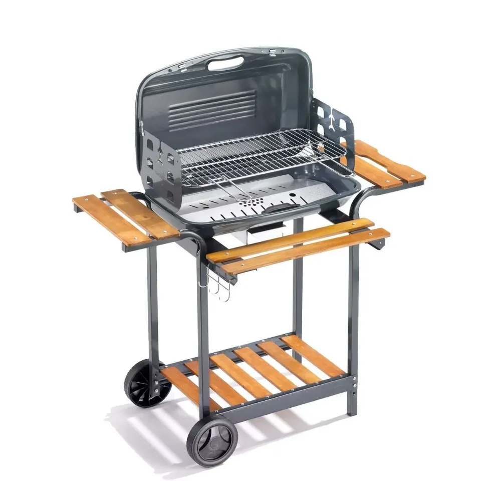 Ompagrill Barbecue Carbonella Con Coperchio e Carrello Con Doghe Legno Massello