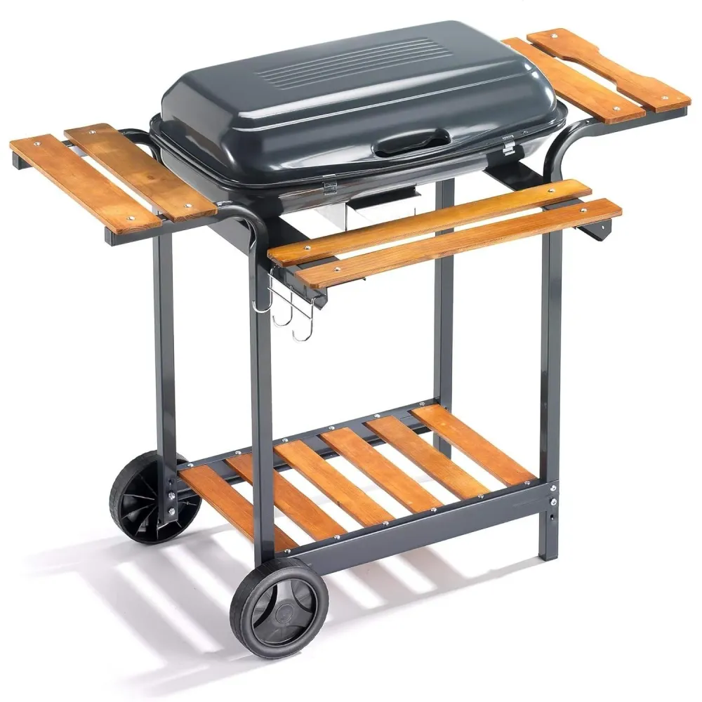 Ompagrill Barbecue Carbonella Con Coperchio e Carrello Con Doghe Legno Massello
