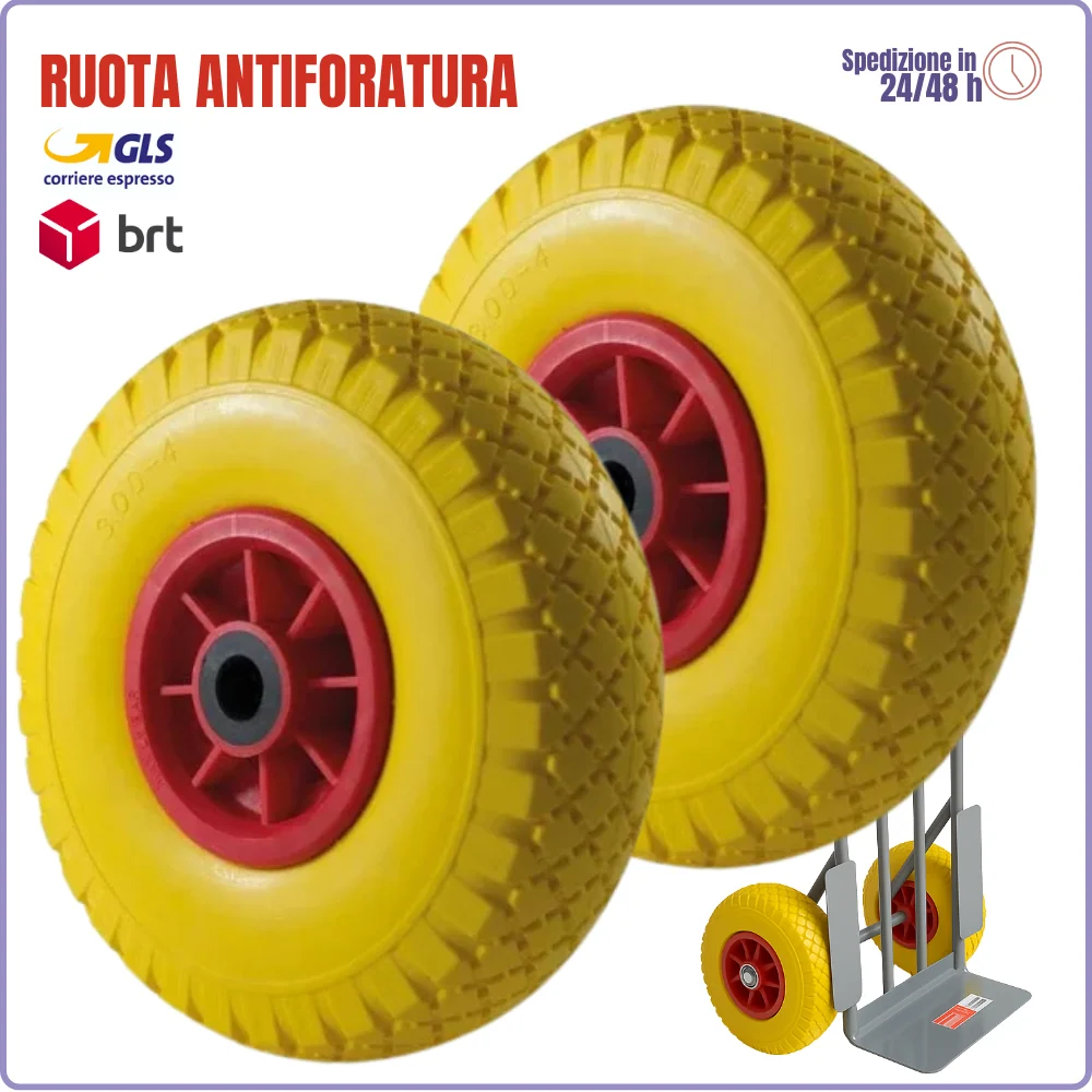 2 Ruota piena antiforatura poliuretano 3.00-4 Ø 250 per carrello portapacchi