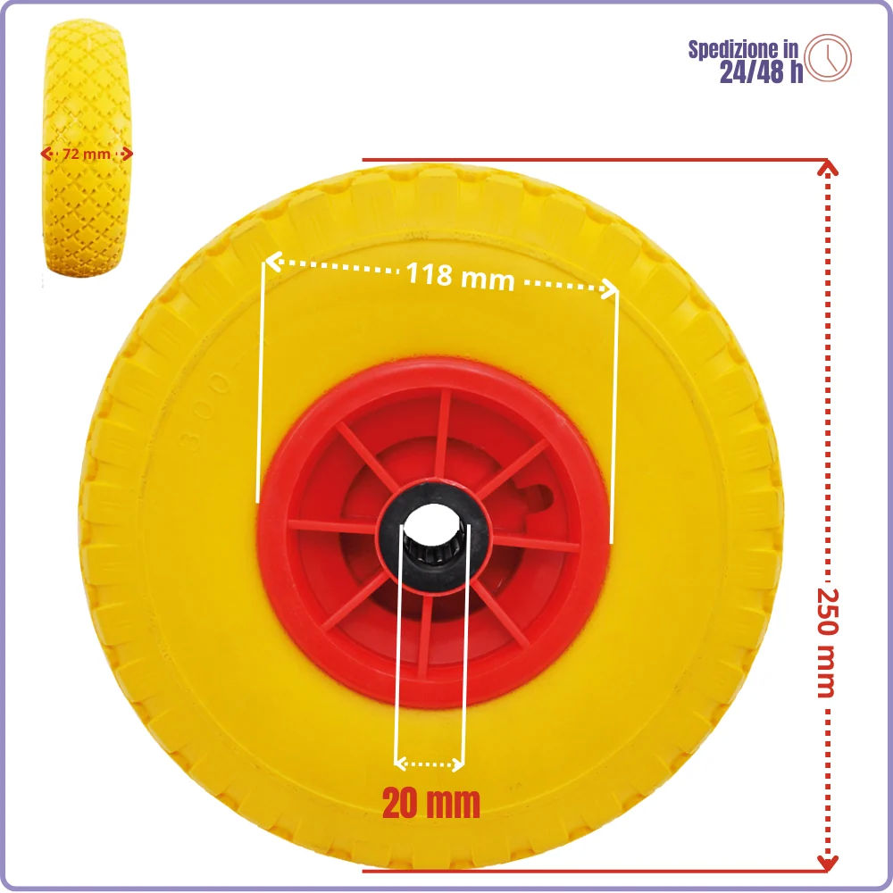 2 Ruota piena antiforatura poliuretano 3.00-4 Ø 250 per carrello portapacchi