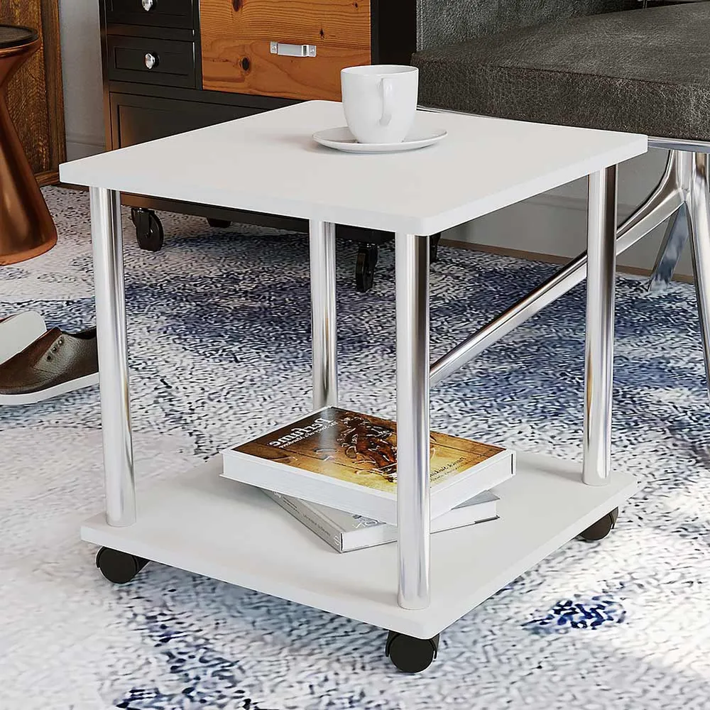 Tavolo Tavolino Salotto con 4 Ruote Carrello Carrellino Legno MDF Bianco