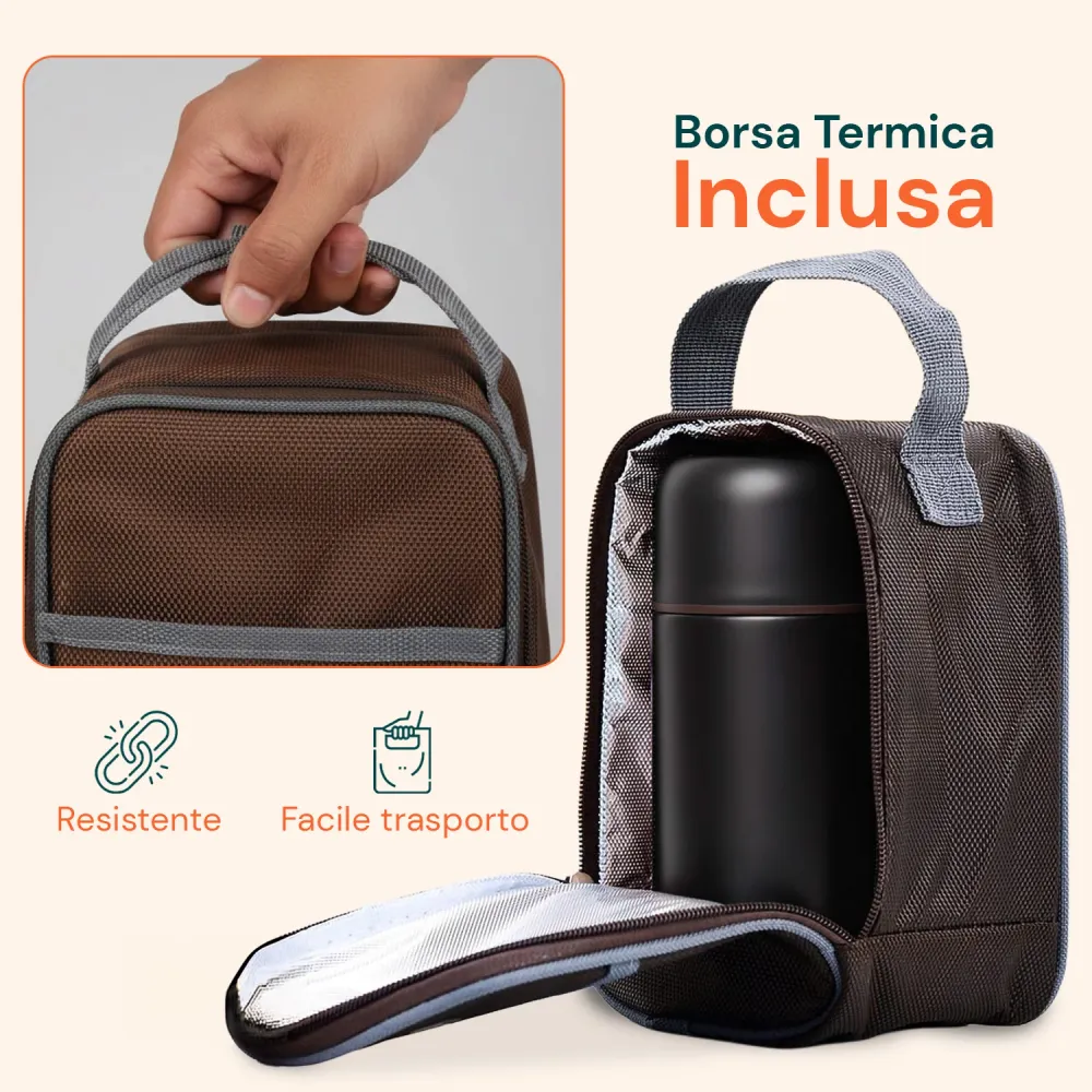 Thermos Portavivande Acciaio con Cucchiaio e Borsa Inclusi