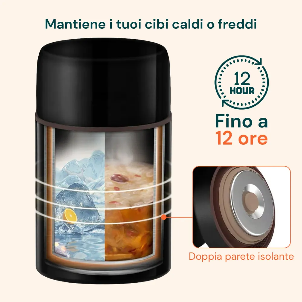 Thermos Portavivande Acciaio con Cucchiaio e Borsa Inclusi