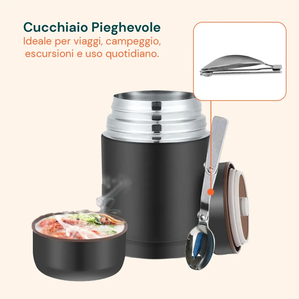 Thermos Portavivande Acciaio con Cucchiaio e Borsa Inclusi