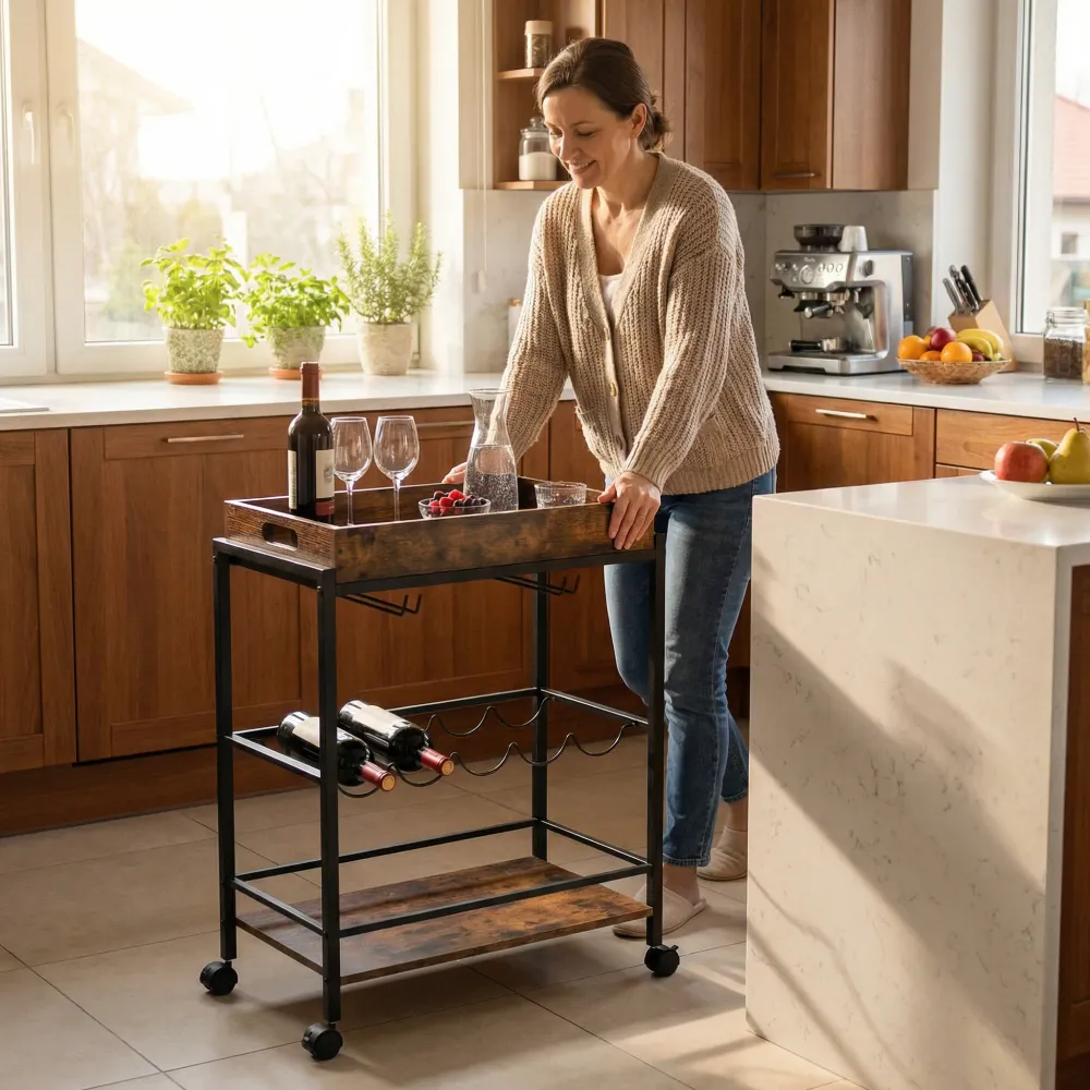 Vintaro – carrello bar industriale con ruote e portabottiglie (57 x 30 x 83 cm)