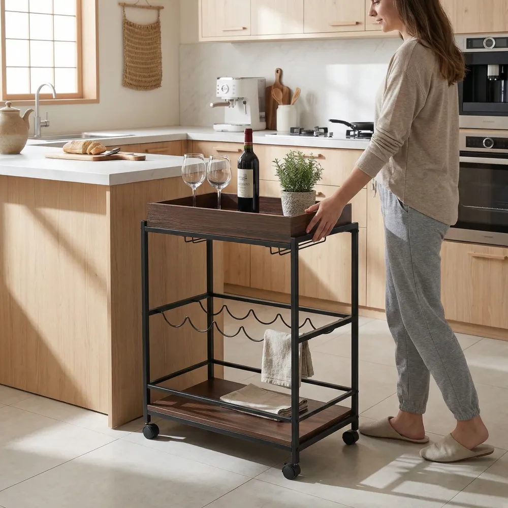 Vintaro – carrello bar industriale con ruote e portabottiglie (57 x 30 x 83 cm)