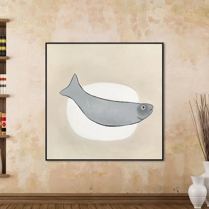 Decorazione da parete quadrata forma di cartone animato Stampa su tela ellittica e pesce grigio per sala da pranzo