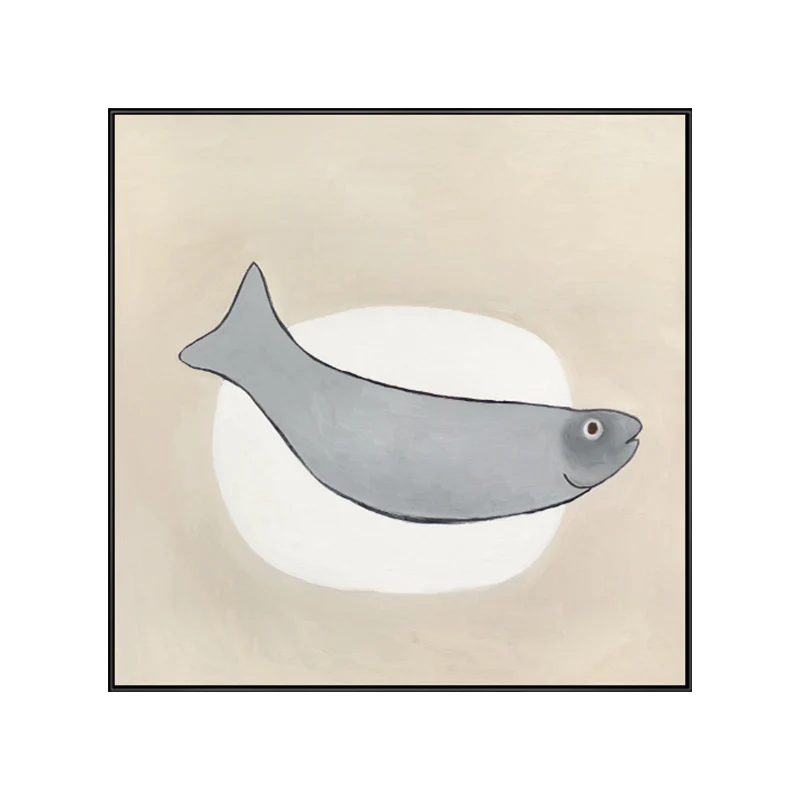 Decorazione da parete quadrata forma di cartone animato Stampa su tela ellittica e pesce grigio per sala da pranzo