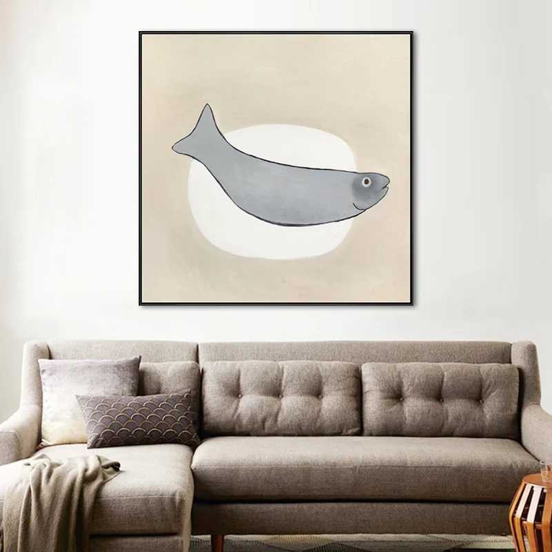 Decorazione da parete quadrata forma di cartone animato Stampa su tela ellittica e pesce grigio per sala da pranzo