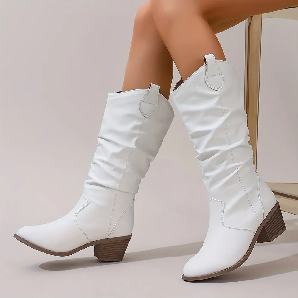 Botas de Cowboy Femininas Slip-On - Botas de Montaria e Social com Salto Grosso, Bico Redondo, Parte Ottimo em Couro Sinté...