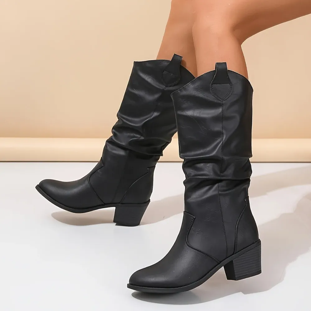Botas de Cowboy Femininas Slip-On - Botas de Montaria e Social com Salto Grosso, Bico Redondo, Parte Ottimo em Couro Sinté...