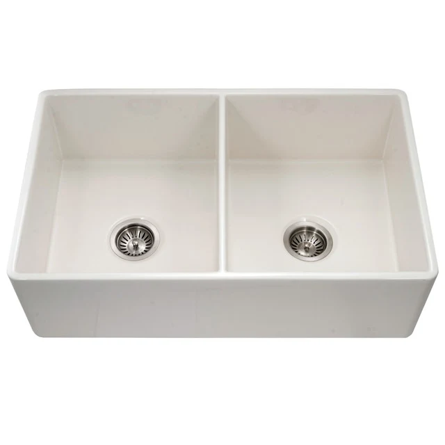 Houzer Platus Series 33" Fireclay Dual Mount Undermount/Apron-Front Farmhouse Duplice Bowl Kitchen