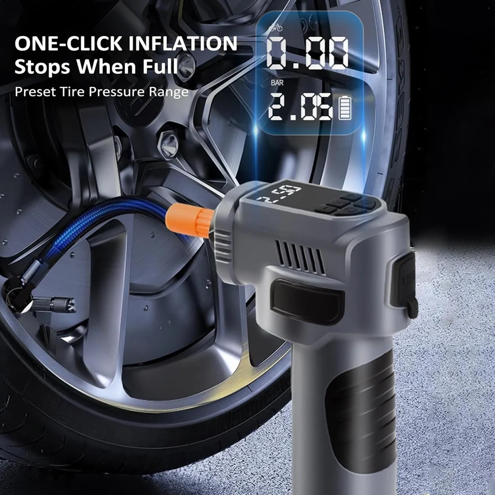 Compressore D'aria Portatile Pompa Elettrica Wireless 4in1 8000mah Con Luce Emergenza Auto