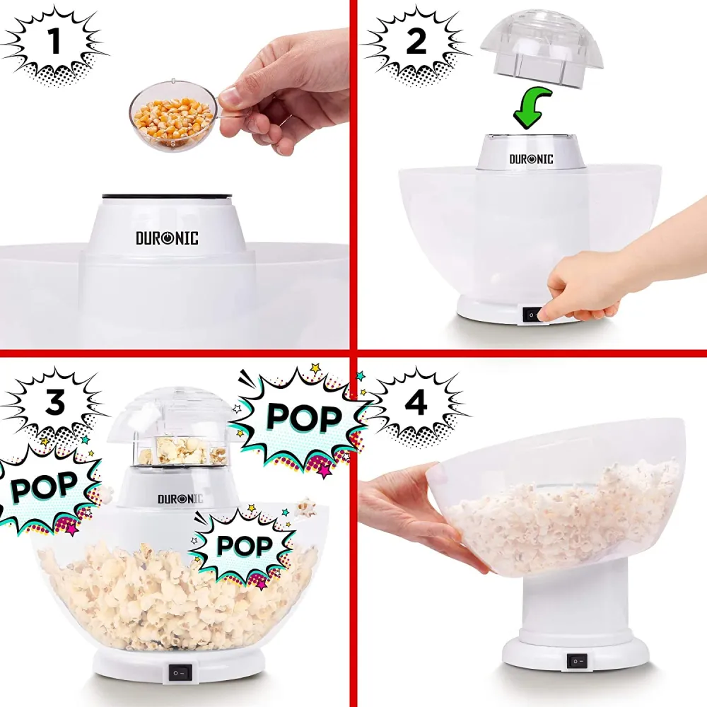 Duronic POP50 WE Macchina per Popcorn ad aria calda bianca Capacità di 50 g con ciotola rimovibile Senza grassi o oli...