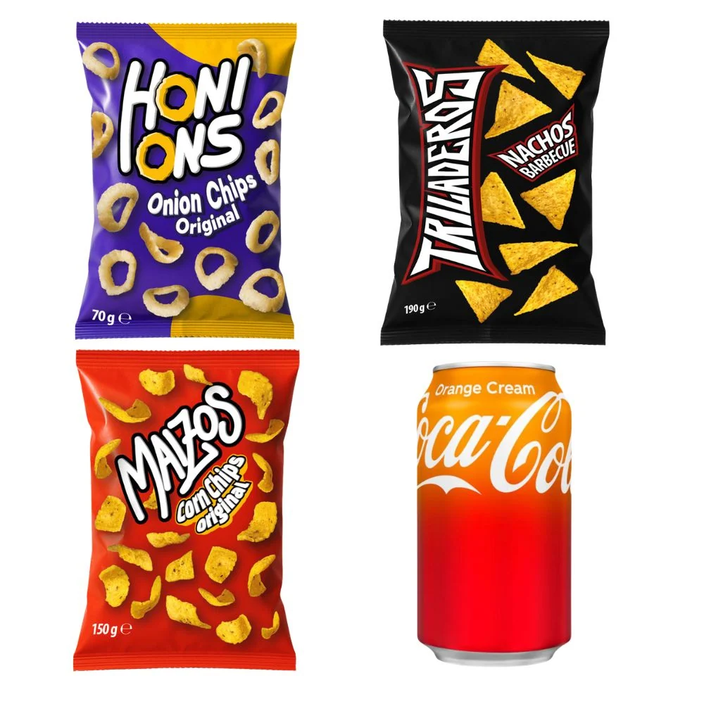 Kit Aperitivo: 1 Honions Onion Rings da 70g, 1 Triladeros Nachos BBQ da 190g, 1 Maizos Corn Chips Original da 150g, 1 Coca...