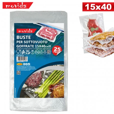 Movida Buste per Sottovuoto 15x40 cm - Gofrate e Resistenti - 25 Pezzi per Macchine Sottovuoto - Uso Alimentare