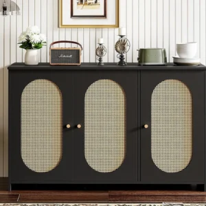Credenza 3 ante rattan con ripiani regolabili - MDF - Nera