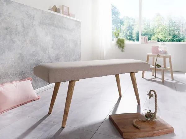 Panca Wohnling SALIM panca tessuto / legno massello nocciola 117x51x38 cm stile retrò WL5.329