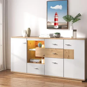 Credenza con 2 ante e 4 cassetti - ripiano vetro - LED - colori: bianco e rovere - 160x40x77cm