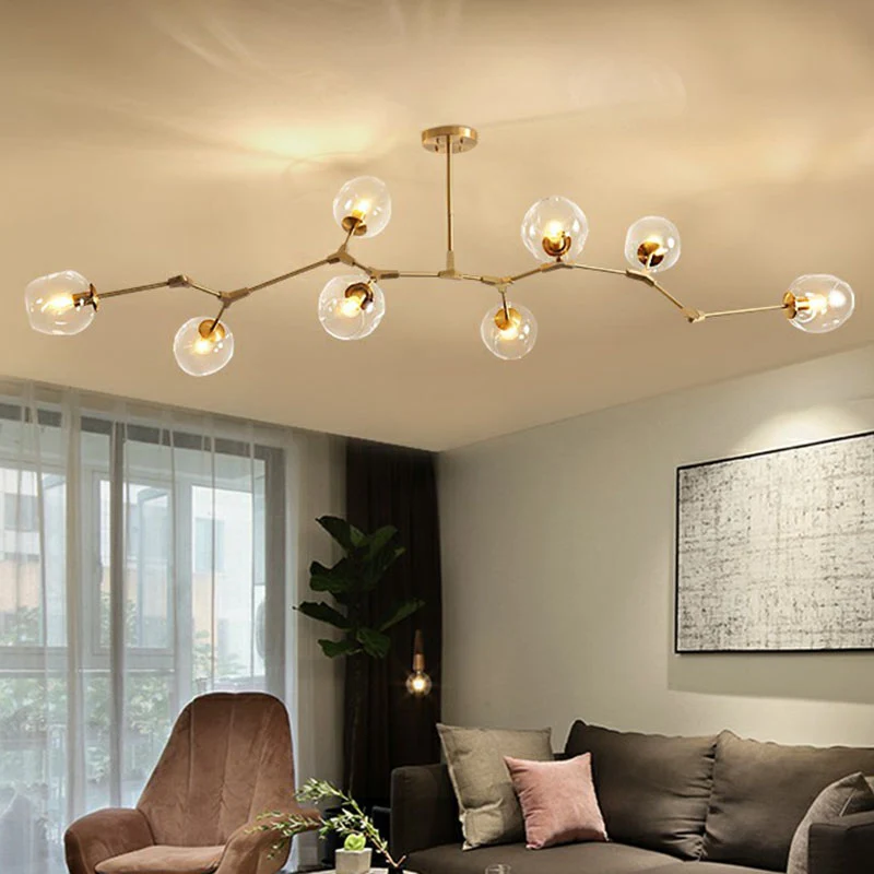 Elegante Design Lampadario da soggiorno vetro trasparente con DNA postmoderno, lampadario sospensione oro