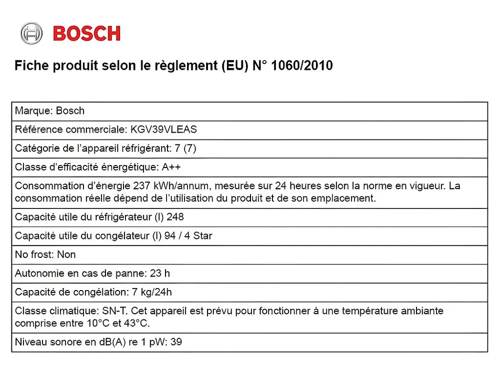 KGV39VLEAS - Réfrigérateur congélateur bas - 344L (250+94) - Froid brassé - L 60cm x H 201cm - Inox