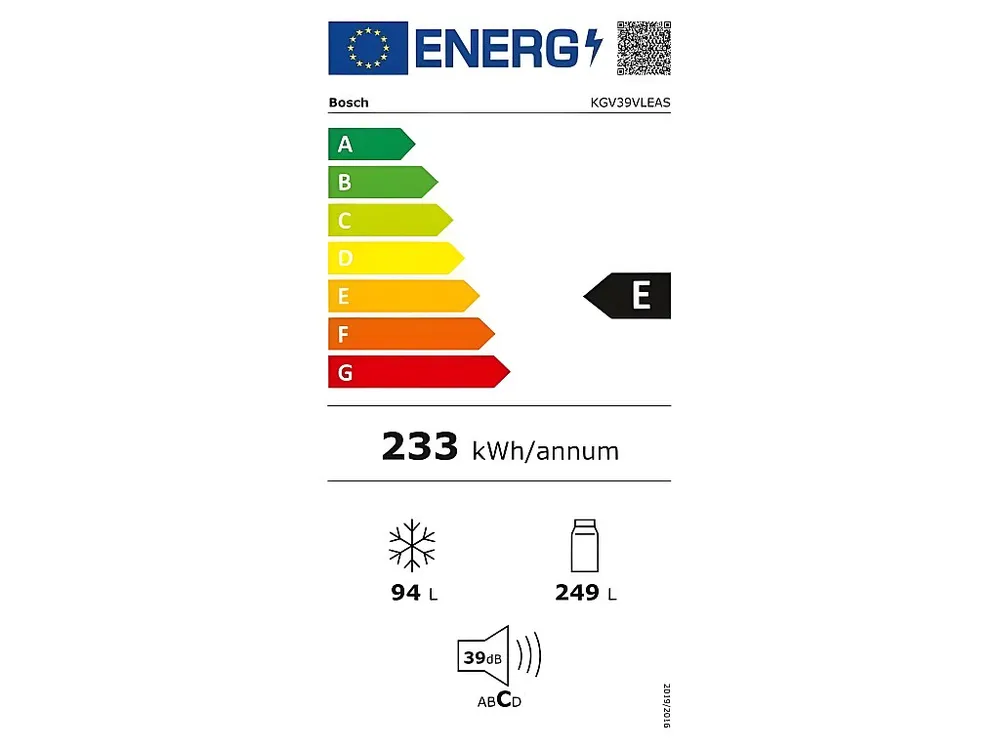 KGV39VLEAS - Réfrigérateur congélateur bas - 344L (250+94) - Froid brassé - L 60cm x H 201cm - Inox