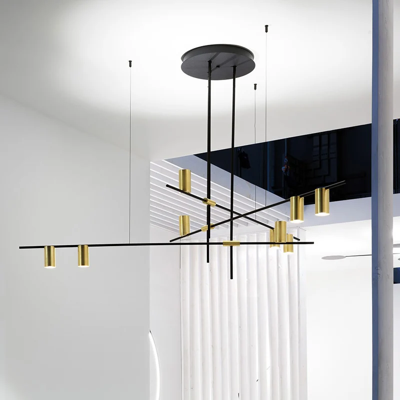 Lampadario postmoderno con braccio incrociato metallo, faretto da soggiorno, lampada sospensione nero e oro per Ricevimenti