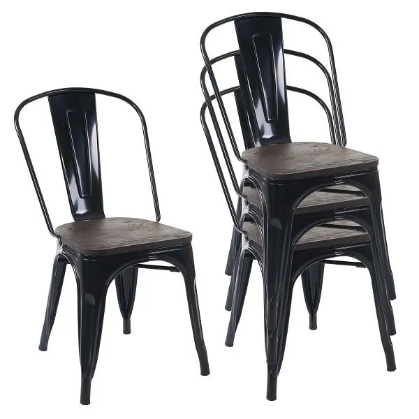Mendler HWC-A73 set di 4 sedie con sedile legno sedia da bistrot sedia impilabile design industriale metallo impilabile ne...