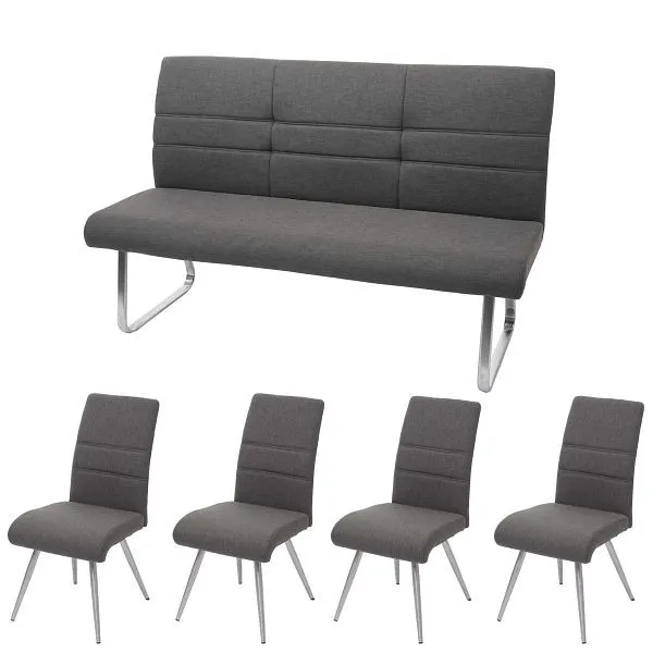 Mendler Set 4x sedia da pranzo + panca HWC-G55 panca sedia da cucina sedia tessuto / tessuto acciaio inossidabile panca gr...