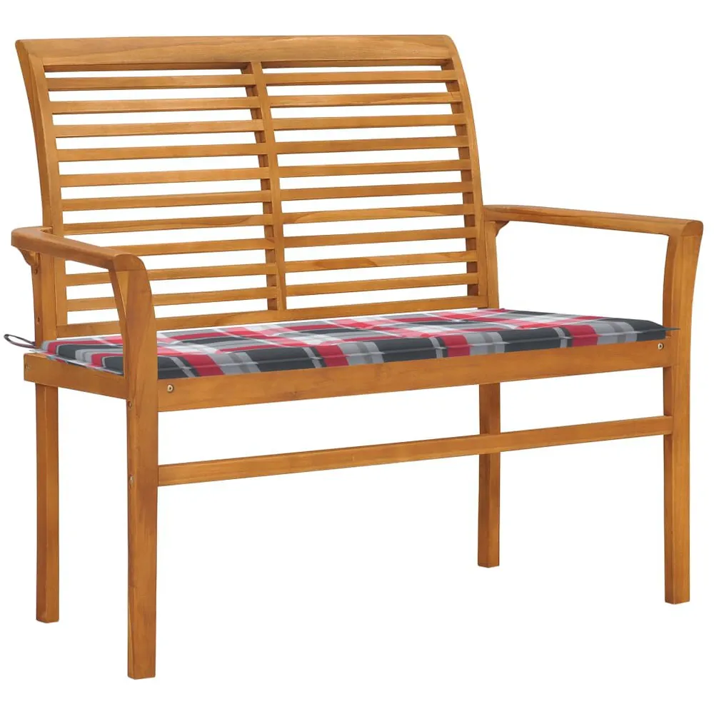 Panca da Giardino con Cuscino Rosso Quadri 112 cm Legno Teak