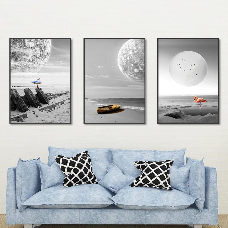 Set di decorazioni da parete con vista sul mare, moderna spiaggia fantascientifica e pianeta galleggiante, tela avvolta gr...